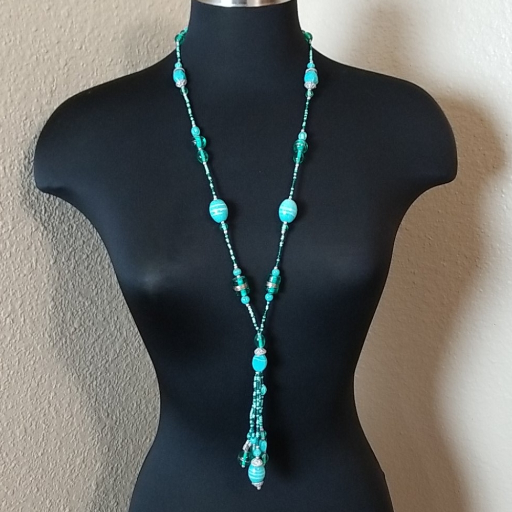 New Accessory Crossing Blue Glass Bead Necklace